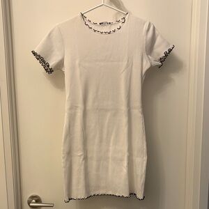 Zara White Ribbed Mini Dress with Black Ruffle Trim